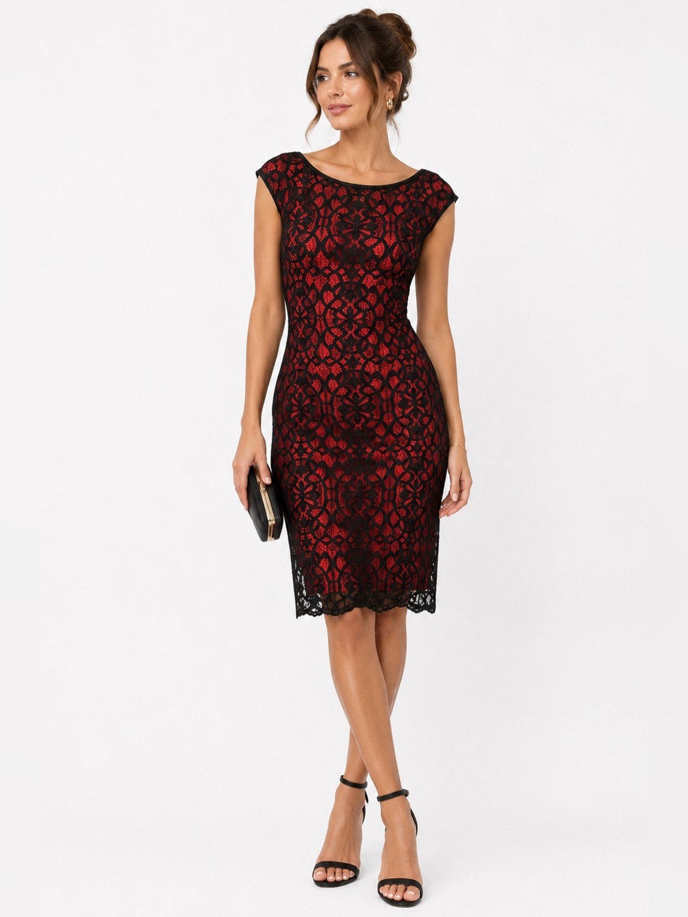 Connected Apparel Red Black Lace Sheath Cocktail Dress Size 10